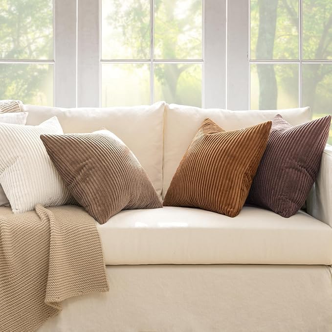 MIULEE Fall Corduroy Decorative Throw Pillow Covers Brown Series 24x24 | Set of 4, Mordern Rustic Fall Decor, Layered Brown Collection, Boho Farmhouse Cushion Covers for Couch Bed Sofa Living Room