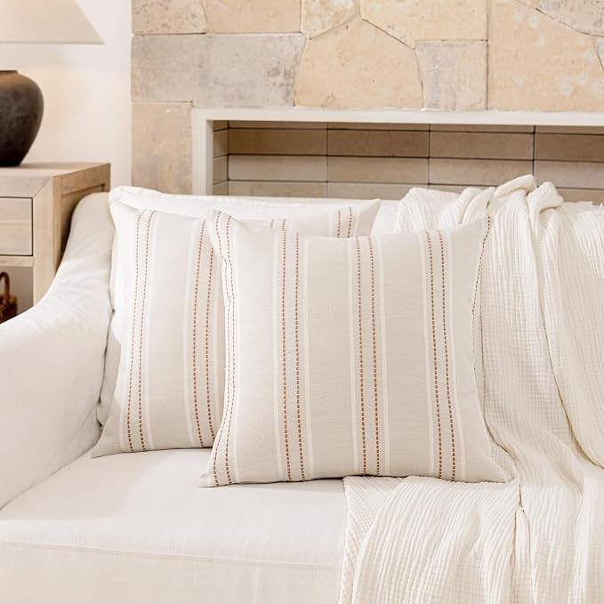 Hckot Terracotta Throw Pillow Covers 16x16 Set of 2 Striped Pillow Covers | Farmhouse Decorative Pillows Textured Linen Square Cushion Covers for Sofa Couch Bed Living Room Decor(Camel)