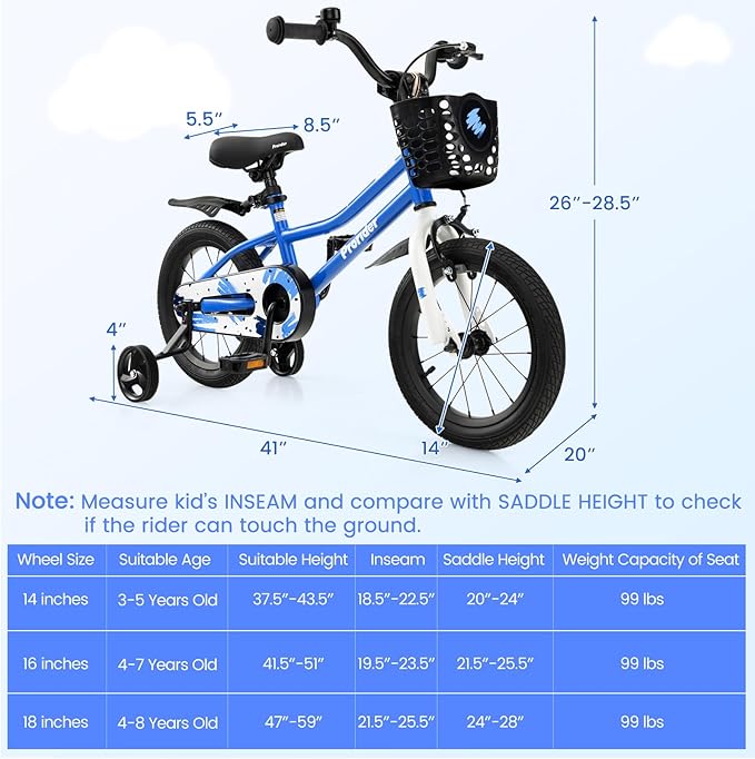 BABY JOY Kids Bike, 12 14 16 18 20 Inch Children Bikes for Boys Girls Teens 3-8 8+ Years w/Training Wheels or Kickstand, Handbrake, Coaster Brake & Removable Basket, Kids Bicycle of Multiple Colors