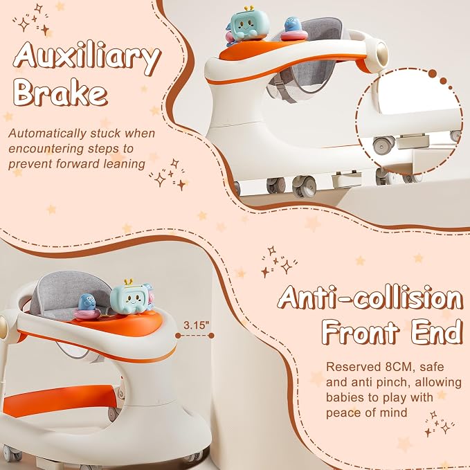 Foldable Baby Walker with Wheels, Activity Toddler Walkers for Boys Girls | 5-in-1 Design, Adjustable Height, Feeding & Music Tray, Contains batteries, Push Walker, Anti-Rollover, Detachable Seat