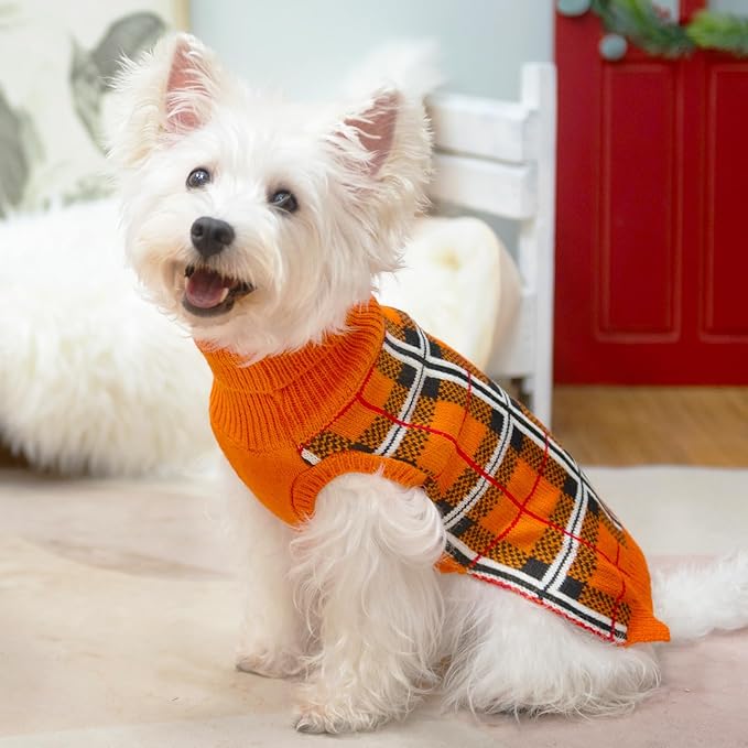 PUPTECK Dog Sweaters for Large Medium Small Dogs - Fall Classic Plaid Style Puppy Holiday Winter Coat Clothes Warm, Reddish Orange, ML