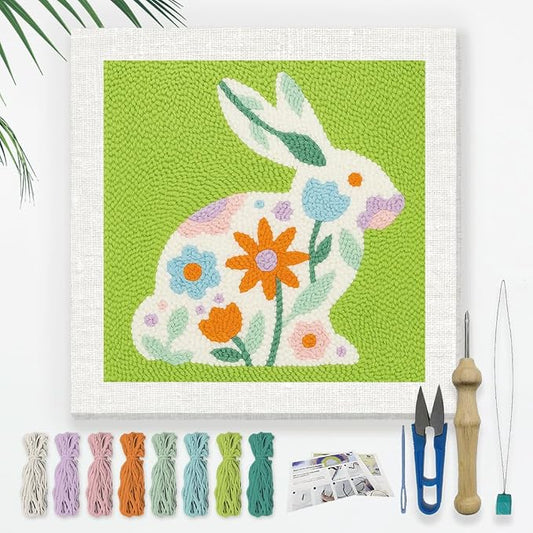 DOODLREAM Rabbit Flower DIY Punch Needle Embroidery Kit for Adult Beginner, 9.4" Cute Floral Bunny Animal Punch Stitching Craft Set for Starter with Frame,Fabric Pattern,Threader, Yarn, Pinch Needle