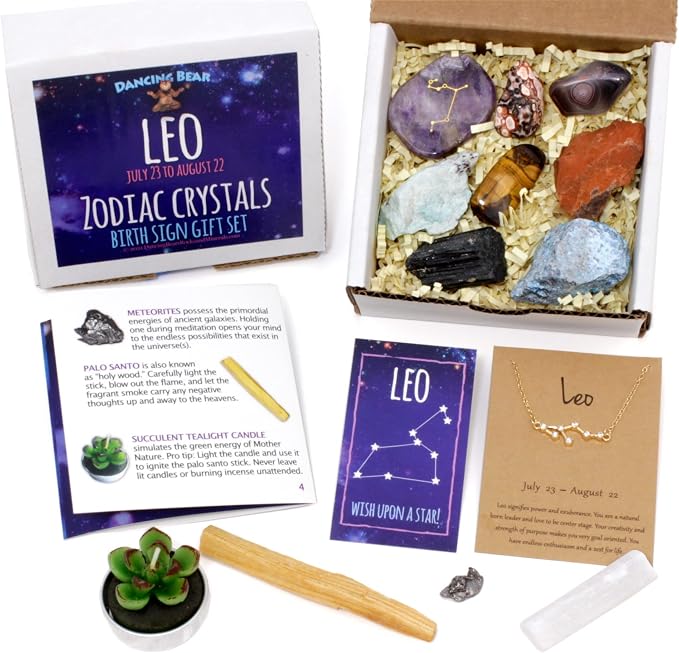 DANCING BEAR Leo Zodiac Healing Crystals Gift Set (14 Pc): 9 Stones, 18K Gold-Plated Constellation Necklace, Meteorite, Succulent Candle, Palo Santo Smudge Stick, and Info Guide, Made in The USA