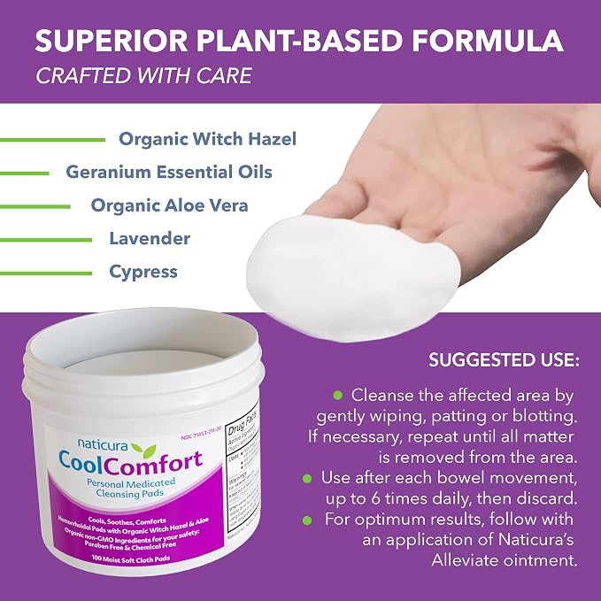 Naticura CoolComfort Hemorrhoid Relief Cleansing Pads - Fast Acting and All Natural with Organic Witch Hazel and Aloe Vera - Relieves Burning, Itching and Swelling - Made in USA - 100 Pads, 2 Pack