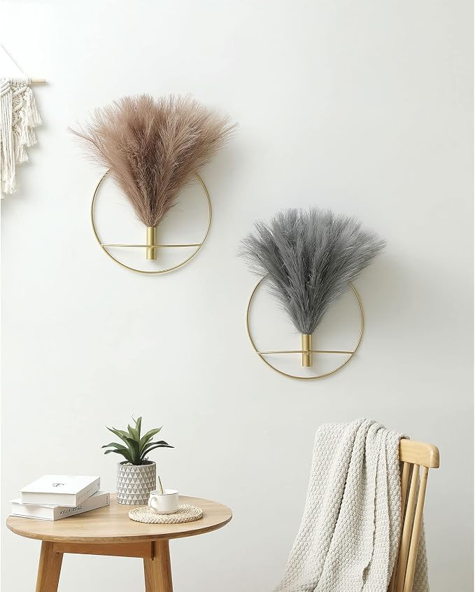 Pretty Jolly Boho Pampas Wall Decor Gold Metal Wall-Mounted Art | Morden Artificial Greenery Display，2 Pack Coffee Hanging Planter For Living Room, Bedroom, Bathroom, Dining room