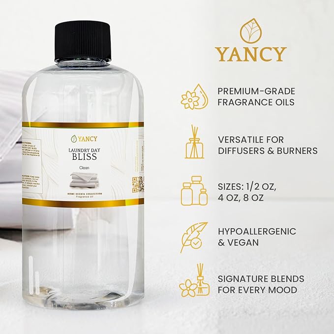 YANCY Laundry Day Bliss Home Collection Fragrance Oil (4 oz), Fresh Laundry-Inspired Scent, Clean Aroma for Diffusers, Oil Burners & Aroma Lamps, Crisp Scent for Daily Freshness