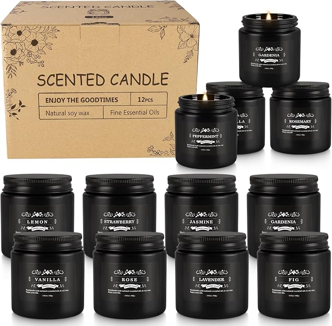 Howemon Scented Candle Set 12 Pack,Black, Candle for Home Scented, Odor Eliminating, Stress Relief, Long Lasting Soy Wax Gift Set