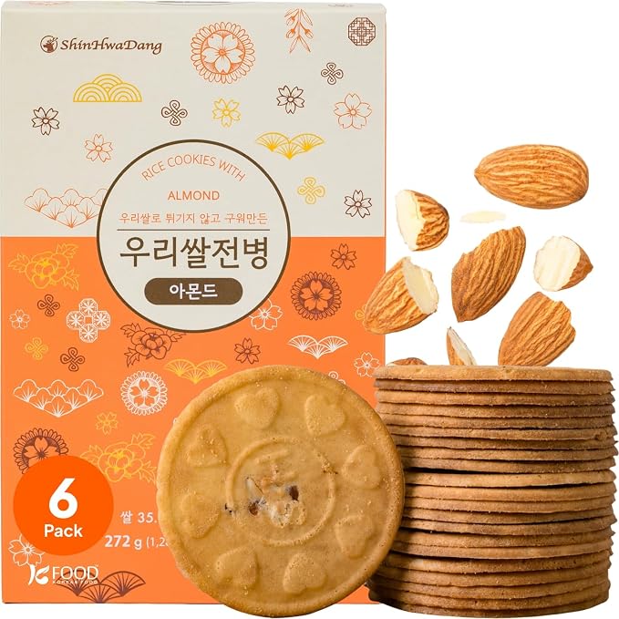 Korean Food Shinwhadang Rice Wafer Snacks, Almond Flavor, Crispy, 6Pk 9.6oz | Oven-baked Korean rice crackers with almond flavor and a light, crispy texture
