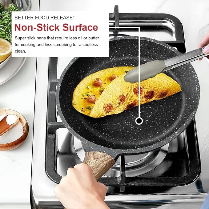 Caannasweis Granite Small Nonstick Frying Pan 8Inch with Lid for Stove Top | Frying Pan Skillet, Non Stick Omelet Pan, Omelet Egg Pan, Stone Cookware Chef's Pan, Induction Compatible, PFOA Free 8 Inch