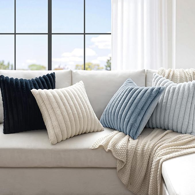 MIULEE Faux Fur Plush Decorative Throw Pillow Covers 18x18, Navy Blue | Set of 4, Striped, Soft Coastal Modern Cozy Home Decor, Cushion Cases for Sofa Couch Bed Living Room