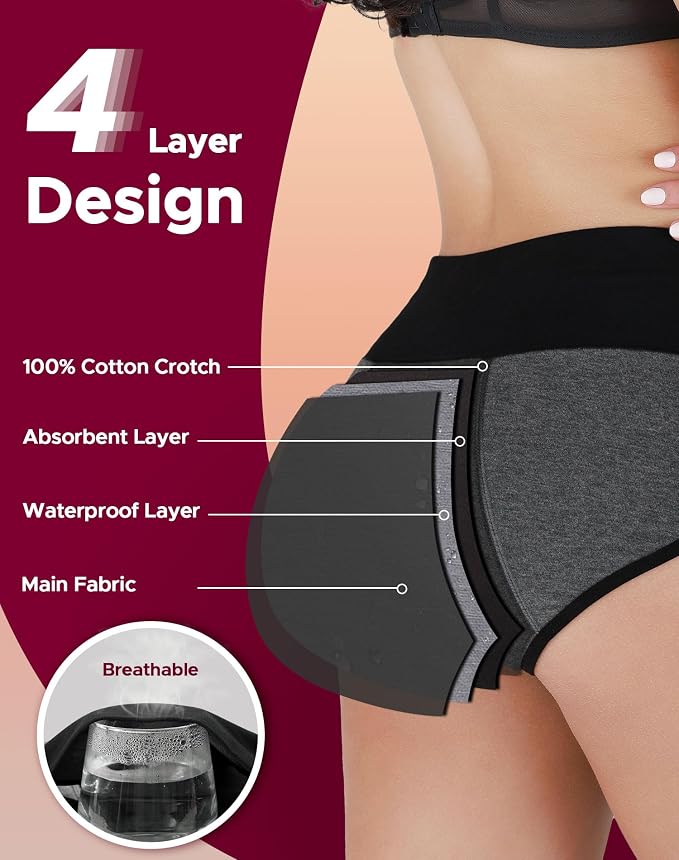 INNERSY Period Underwear for Women High Waisted Leak-Proof Postpartum Menstrual Panties 3-Pack