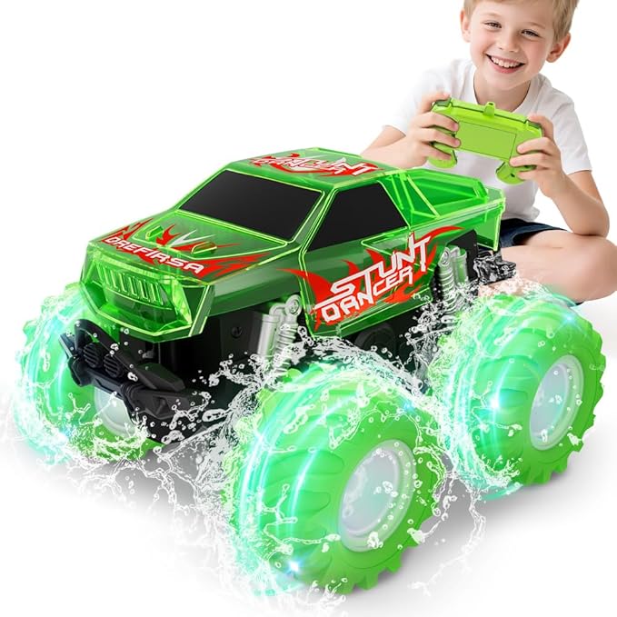 Drefirsa Amphibious Monster Truck Toy, Waterproof Remote Control Car, 4WD Off-Road RC Truck with Colorful Light, RC Stunt Car Toy for 4-7 8-12 Year Boy Birthday Gift Present