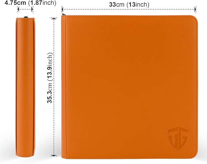 12 Pockets Trading Card Zipper Binder for 720 Cards| Secure Side Loading Pockets | Trading Card Album Folder | Compatible with YuGiOh, MTG (Orange 12)