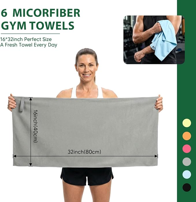 KODAMO Yoga Towel 6 Pack Quick Dry 40x80cm Microfiber Gym Towels Set | Sweat Towels Set, Quick Dry & Absorbent, Ideal for Gym, Yoga, Running and HIIT Workouts