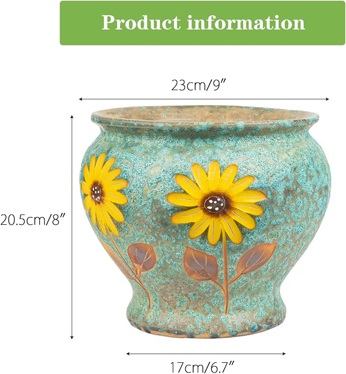 Sungmor 9 Inch Hand Painted Ceramic Succulent Plant Pots - Blue & Daisy | Vintage Decorative Pottery Planters for Indoor Outdoor Plants, Table Centerpieces & Flower Arrangement Home Decor