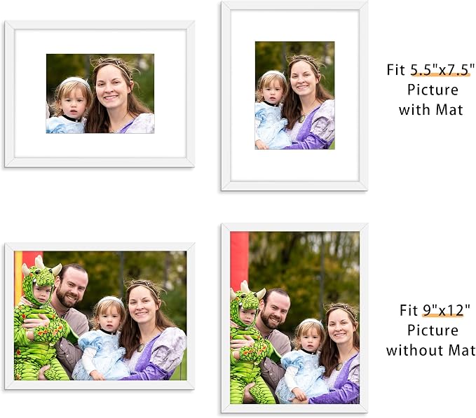 Picrit 9x12 Picture Frame Set of 12, Display 6x8 with Mat or 9x12 without Mat, Photo Frames for Wall Mounting or Table Top Display, White