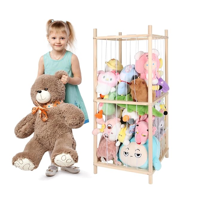 Wooden Stuffed Animal Storage Zoo Stuffed Animal Holder,Space Save Vertical Stuffed Animals Organizer with Elastic for Bedroom Playroom Nursery(40.9'' H (2-Shelf))