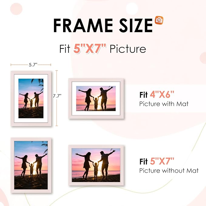FIXSMITH 5x7 Picture Frame Set of 2, Pink Photo Frame with HD Plexiglass, Display Pictures 4x6 with Mat or 5x7 Without Mat Multi Picture Frames Collage for Tabletop or Wall Display