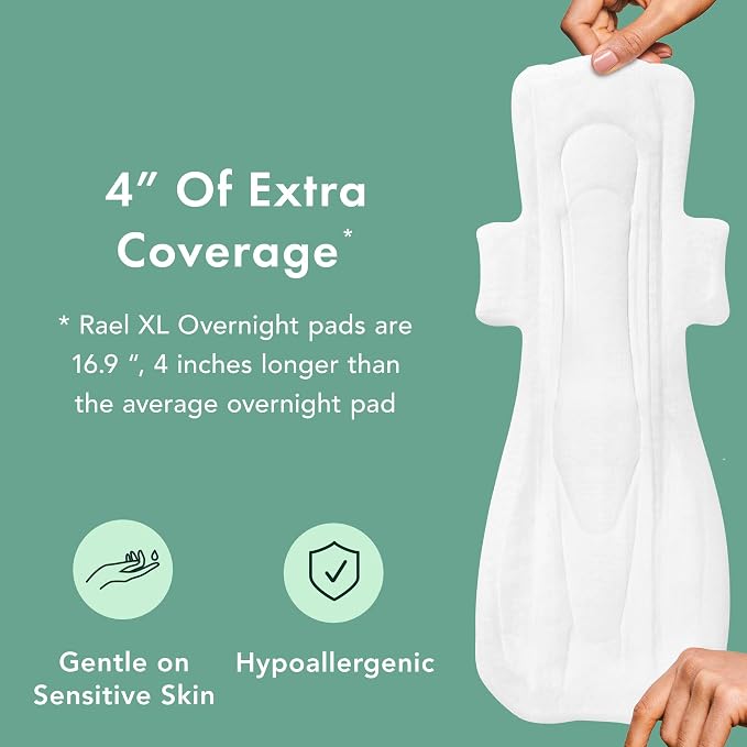 Rael Pads for Women, Organic Cotton Cover - Period Pads with Wings, Feminine Care, Sanitary Napkins, Ultimate Absorbency, Postpartum, Unscented, Ultra Thin (Extra Long Overnight, 12 Count)