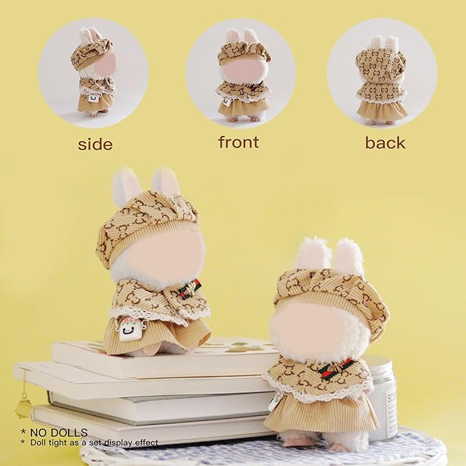 17cm Doll Clothes Set and Accessories Suit, (NO Doll) 4-Piece Set, British Style,Clothes for labubu, Including Shawls, Beret, Skirts, Bags (Khaki)