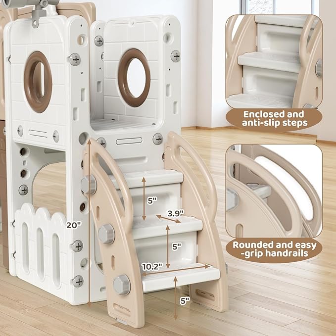 Arlopu 9 in 1 Toddler Slide Set, Kids Large Climber Slide Playset w/Long Slope, Telescope, Storage Space, Enclosed Steps, Indoor Outdoor Playground (Beige & Brown)