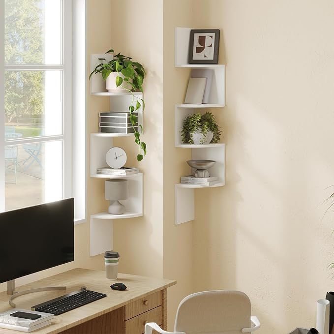 HOOBRO Corner Shelf Wall-Mounted, Set of 2 Floating Corner Shelves for Wall, 4-Tier Corner Bookshelves for Living Room, Bedroom, Bathroom, Home Office, White WT25BJP201