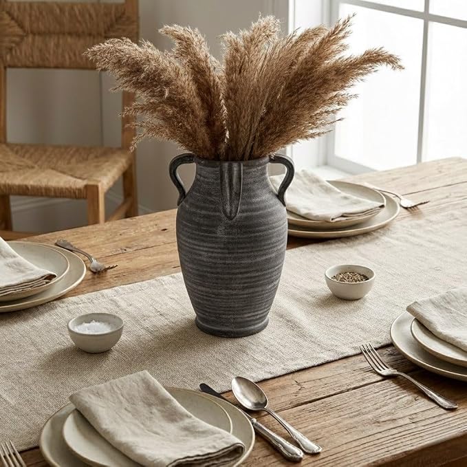 Emotionally Grounded Vase, Vaseking Large Ceramic Rustic Vase with 4 Handles, 10.83 inch Minimalist Decorative Farmhouse Vases for Home Decor, Living Room, Enterway, Table Decoration, Black Bronze