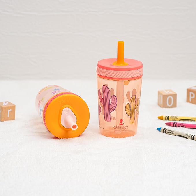 Zak Designs St. Jude Kelso Toddler Tumblers For Travel or At Home, 15oz 2-Pack Durable Plastic Sippy Cups With Leak-Proof Design is Perfect For Kids (Floral and Cactus)