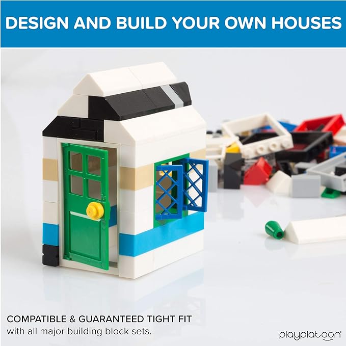 Play Platoon 400 Piece Windows, Doors, and Roof Tops Set - Building Brick Compatible Play Kit