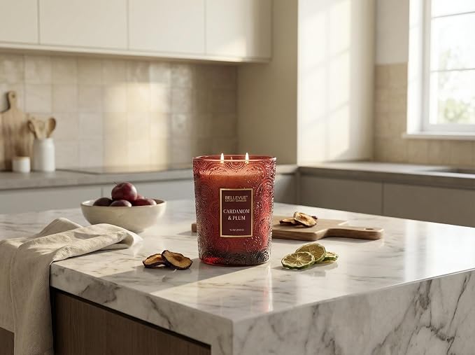 Bellevue Luxury Candles, 12 OZ Soy Blend Candle, Embossed Glass, Fragrances formulated with Essential Oils, Home Fragrances, Scented Candles Gift Set ǀ Scent: Cardamom & Plum