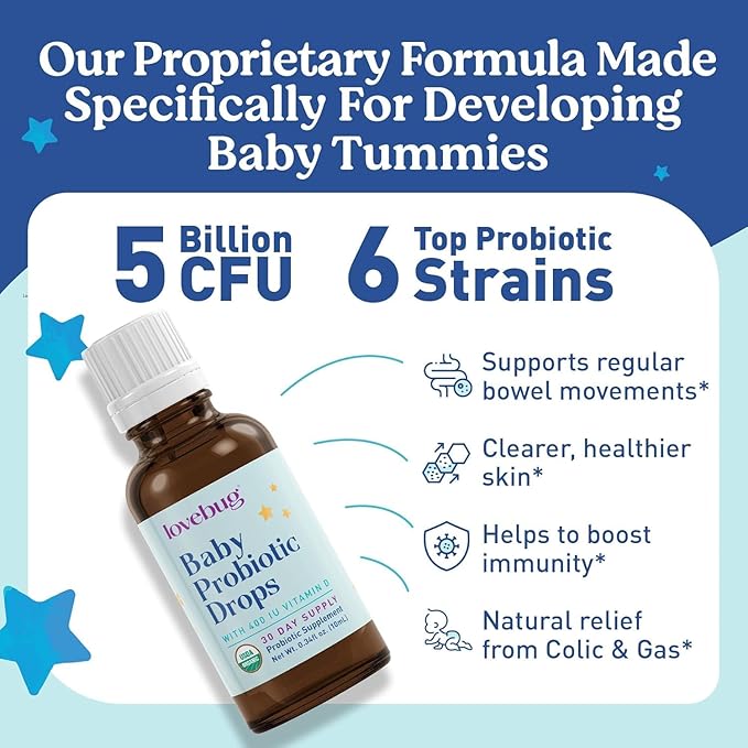 LOVEBUG Baby Probiotic Drops - Organic Probiotics for Immune Support and Baby Constipation & Colic Relief - Tasteless & Sugar-Free Liquid Drops for Newborns, Babies & Infants (0-12 Months) - 10ml