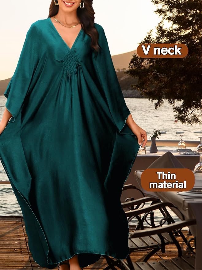 ChiaoLezhee Print Moo-Moos for Women, Kaftan Cover-Up Dresses, Sexy V-Neck High-Slit, Beach Pool-Party Coverups Muumuu Plus