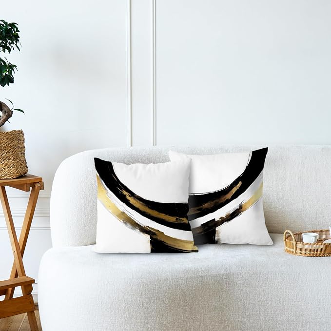 Black White Gold Pillow Covers, Abstract White Black and Gold Pillow Covers 18x18 Set of 2, Modern Black and White Pillow Covers for Couch Bed Living Room