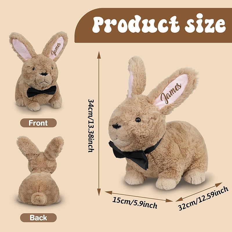 Custom Bunny Plush Embroidered Name, Realistic Bunny Stuffed Animal, Personalised Brown Rabbit for Baby Birthday Easter Gift for Girls Toddlers Kids(1 ear)