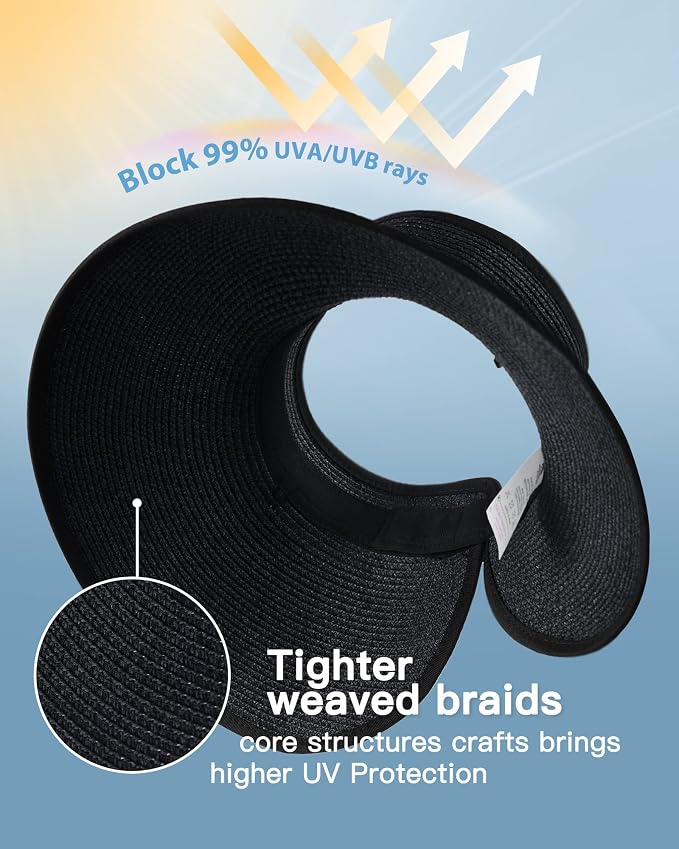 FURTALK Womens Sun Hat with Ponytail Hole Wide Brim Beach Straw Visor | Foldable & Packable for Beach Vacations, Adjustable Fit for Messy Buns, Detachable Windproof Strap, Sweat-Wicking Inner Band