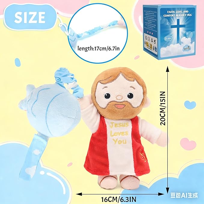 Baby Jesus Hanging Toys with Music Box Crib Toys Car & Stroller Toys Lullaby ﻿Sensory Pull Plush Doll for Babies Baptism First Birthday