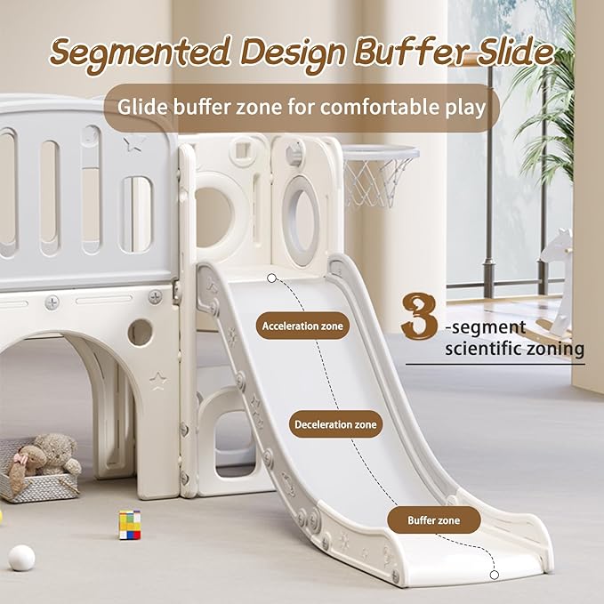 8 in 1 Toddler Slide,Kids Climber Slide with Storage Space and Non-Slip Steps,Indoor Outdoor Playset with Basketball Hoopa and Telescope,Slide for Toddlers Age 1-8 (White+Grey)