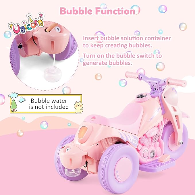 HONEY JOY Pink Ride On Motorcycle, 6V Toddler Motorcycle with Bubble Maker, LED Light, Music, Foot Pedal, Forward/Backward, 3-Wheel Battery Powered Electric Motorcycle for Kids, Gift for Boys Girls