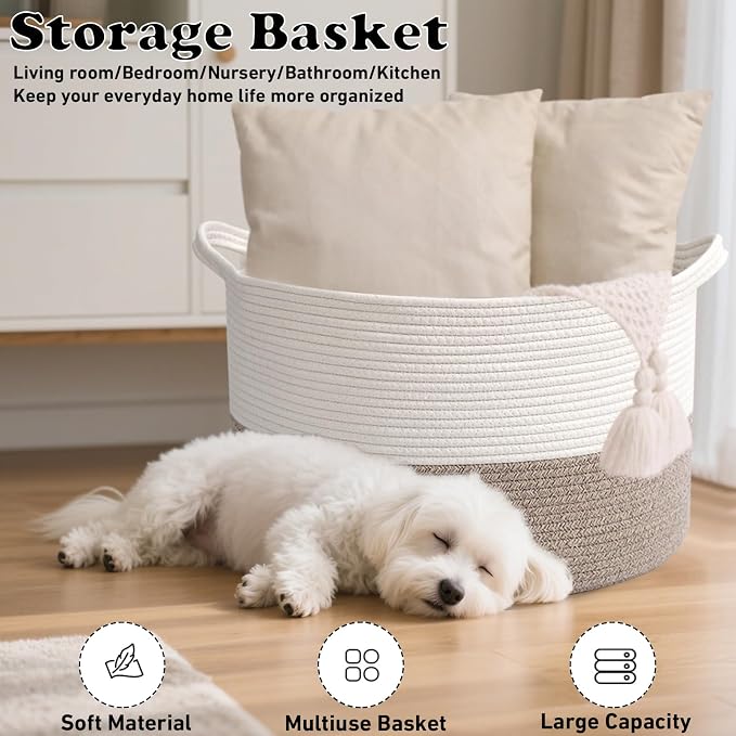 115L Extra Large Blanket Basket,Woven Laundry Basket- White & Brown | Collapsible Nursery Storage Bin with Sturdy Handles, Organizes Clothes, Toys and Pillows for Living Room, Bedroom, Bathroom