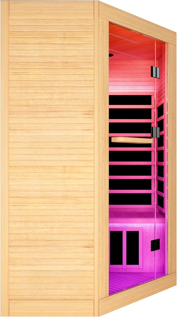 Sauna Room Far Infrared Saunas Home 1 to 3 Person Canadian Hemlock 2180W/110V Low-EMF Dry Spa Wood Sauna with Oxygen Bar/7 Color Therapy/9 Heating Plates/Control Panel/Speakers 47.2 * 47.2 * 74.8 In