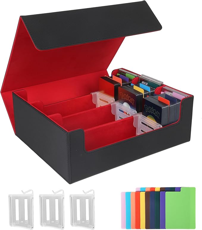 STYLIFING Card Deck Case for Trading Cards, 1800+ MTG Deck Box with Card Supporters & Divider Tabs, Trading Card Storage Box Fits For for YuGiOh, MTG, TCG and Sport Cards (Black & Red)
