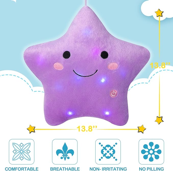 DearSun Set of 2pcs, 13'' Creative Twinkle Star Colorful Night Light Plush Pillows Light up Night Stuffed Toys Perfect for Birthday Christmas Holiday Valentines(Purple+Deep Pink)