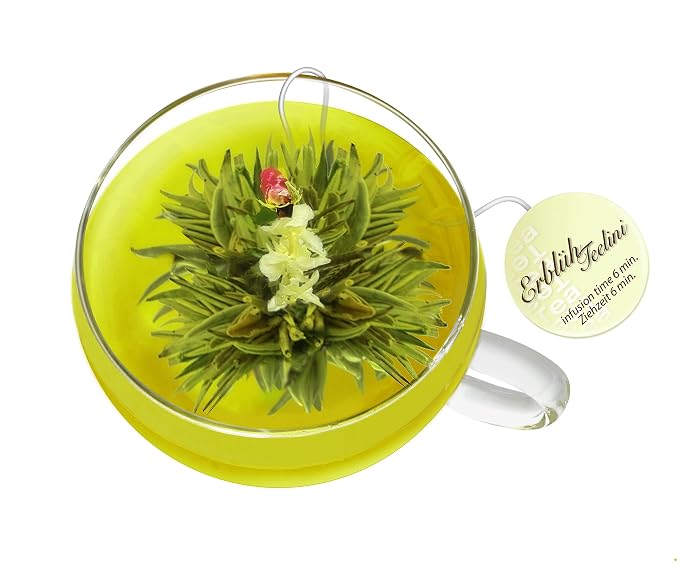 Creano Bloomning Tea Gift Set with Tea-Glass 7oz and 8 Tea-Flowers in Cup Size - Green Tea - Gift for Women, Mother, Tealovers