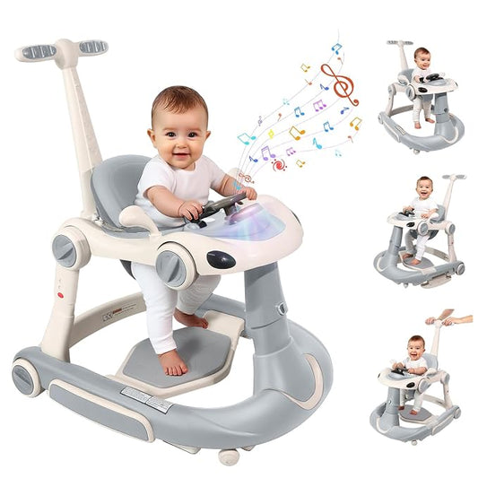 Baby Walker, 4-in-1 Baby Walker with Wheels Portable, Foldable Infant Toddler Walker for Boys Girls 6-18 Month,Removable Footrest,Car Steering Wheel & Music, Adjustable Push Walker Grey