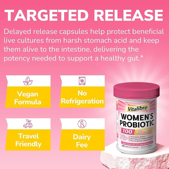 Vitalibre Probiotics for Women 100 Billion CFU 15 Strains, DailyProbiotic & Prebiotic Supplement with Organic Cranberry to SupportVaginal, Digestive, Immune Health, Shelf Stable, 60 Vegan Capsules