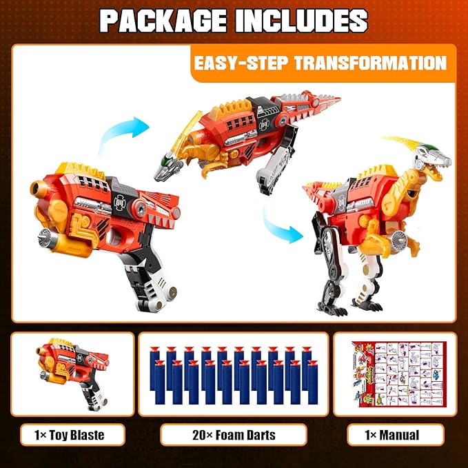 Blaster Toy Gun Transforming Alloy Dinosaur - 2 in 1 Morphing Toy (Gun to Dino), Soft Bullet Toy Blaster Gun with 20 Foam for Indoor Outdoor Shooting Game, Toy Blaster for Kids Boys Girls (V-Dino)