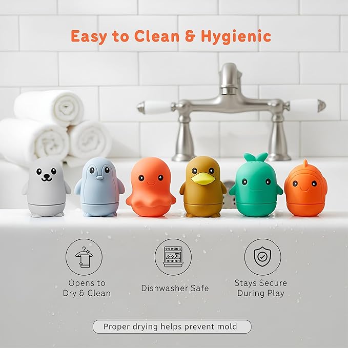 Ocean Friends Bath Toy Set, 6-Piece Silicone Baby Bath Toys for Ages 9 Months+, Soft Food-Grade Silicone, Easy to Clean, Cute Ocean Animals