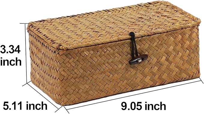 Wicker Storage Basket with Lid, Seagrass Storage Baskets for Organizing | Rectangular Woven Basket for Storage, Decorative Boxes Bins with Lid Home Organizer Decor, Small Storage Box, Shelf Organizer