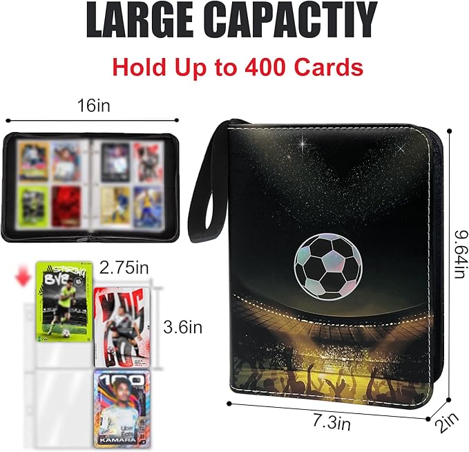 Soccer Card Binder with Shoulder Strap, 4 Pocket with 50 Sleeves up to 400 Cards, Waterproof Card Storage Bag for Boys, Soccer Cards 2025 2026 Display Case