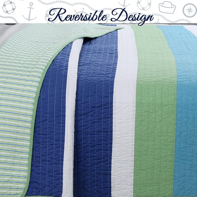Cozy Line Home Fashions Waylon Navy Blue Green White Striped 100% Cotton Reversible Bedding Quilt Set, Coverlet Bedspread (Blue/Green, Queen - 3 Piece)